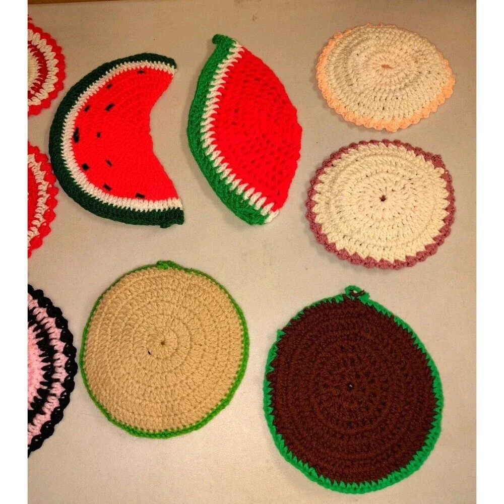 Vintage Crochet Potholder Lot (9) - Handmade Fruit, Mushroom & Floral Trivets